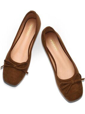 Women's Ballet Flats Cap Toe Bow Flats Coffee Two Tone Slip On Flats Square Toe